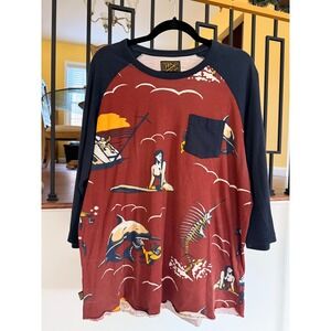 Dark Seas Men's T-Shirt Shark Mermaid Graphic Print Vintage Raglan Red Blue‎ L